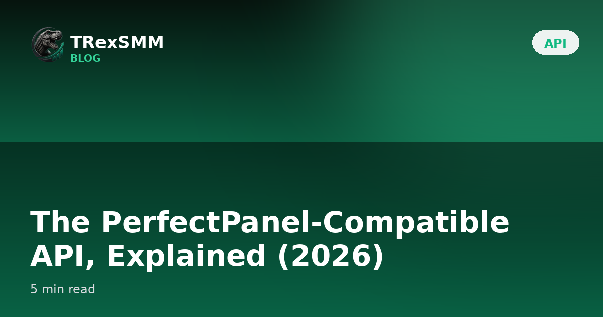 API guide cover — code brackets and a webhook arrow on an emerald gradient, TRexSMM 2026
